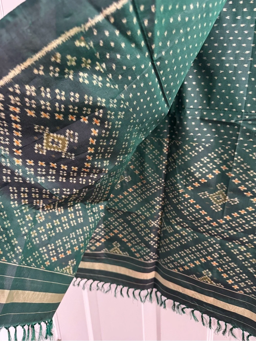 Emerald Green handwoven silk scarf purchased in India